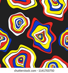 Hand Drawn Wavy Circles. Abstract Seamless Background in Ethnic Style. Vector Psychedelic Pattern with Deformed Rounds. Wave Seamless Pattern for Fabric, Textile, Cloth Design. Distortion, Spots.
