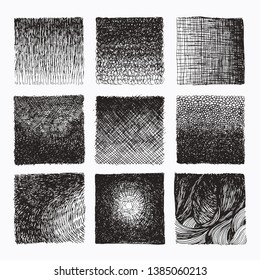 Hand drawn wavy cross hatching gradient textures made with ink. Graphic design template collection. Uneven hatched lines, abstract drawing, organic background, linear graphic pattern. Isolated vector.