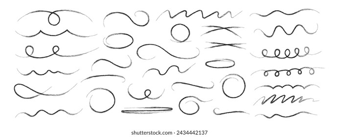 Hand drawn wavy, crossed out lines, circles and ovals. Decorative vector graphic elements. Black brush and pencil strokes. Scribbles with brush strokes