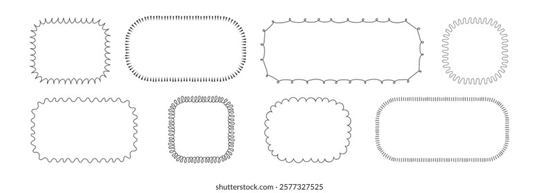 Hand drawn wavy and curly border designs in black and white. Scribble rectangle Frame set. Simple minimalist shapes for children art Design, posters, greeting card