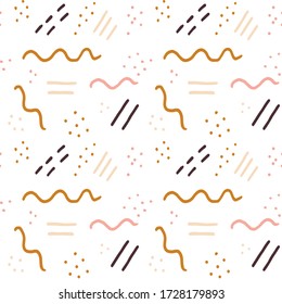 Líneas onduladas y punteadas dibujadas a mano, plantilla. patrón sin fisuras con elementos de doodle sobre fondo blanco. Vector de colores con trazos, adornado en colores pastel.