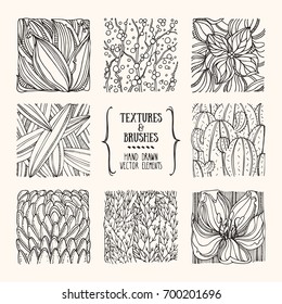 Hand drawn wavy floral textures made with ink. Artistic collection of graphic design elements: flower petal, plant leave, bloom, tree brunch, organic background, geometric pattern. Isolated vector set