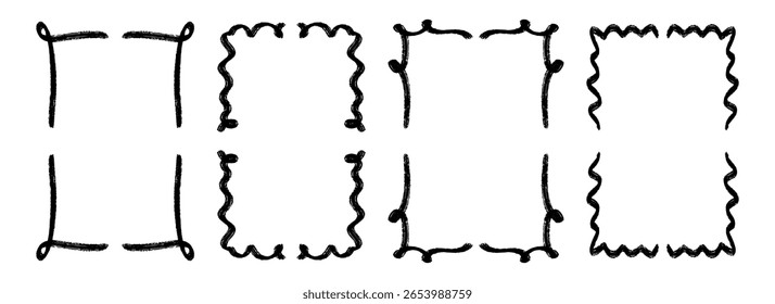 Hand drawn wavy frame set. Black curved ribbon border collection. Squiggle quirky rectangle border pack for invitation, wedding party, birthday, greeting card design. Vector doodled frames