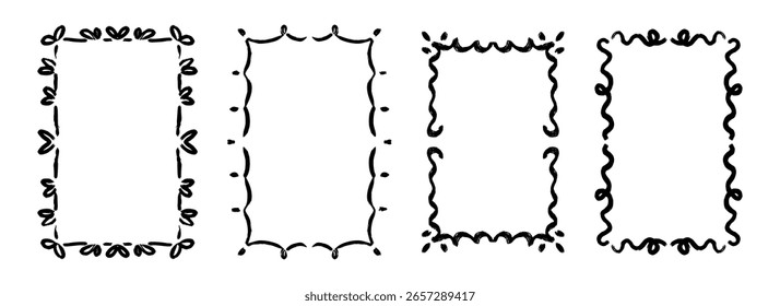 Hand drawn wavy frame set. Black curly ribbon border collection. Curved squiggly rectangle border pack for invitation, wedding party, birthday, greeting card design. Vector doodled lace cadre frames