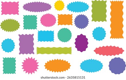 Hand drawn wavy frames set with oval, circular, and rectangular shapes. Scalloped squiggly borders for text highlight, decoration, scrapbooking, infographic design. Vector doodle sketch illustration.