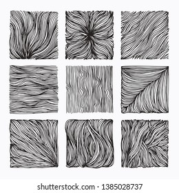 Hand drawn wavy linear textures made with ink. Graphic design template collection. Swirl, curl, wavy stripe, abstract line drawing, organic background, linear graphic pattern. Isolated vector set.