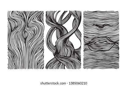 Hand drawn wavy linear textures made with ink. Graphic design template collection. Curly hair, wavy stripe, abstract line drawing, fashion background, linear graphic pattern. Fashion vector clip art.