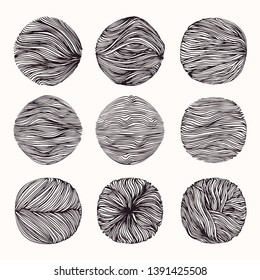Hand drawn wavy linear textures made with ink. Graphic design template collection. Swirl, curl, wavy stripe, abstract line drawing, organic background, linear graphic pattern. Isolated vector set.