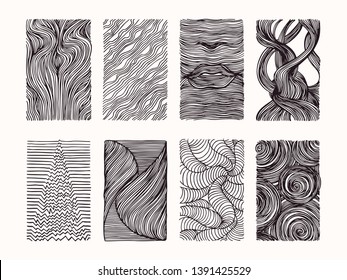 Hand drawn wavy linear textures made with ink. Graphic design template collection. Swirl, curl, wavy stripe, abstract line drawing, organic background, linear graphic pattern. Isolated vector set.