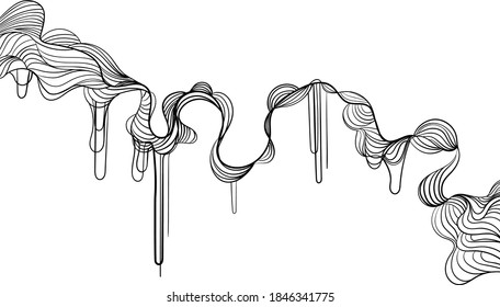 Hand drawn wavy linear textures made with ink. Graphic design template collection. Curly hair, wavy stripe, abstract line drawing, fashion background, linear graphic pattern. Fashion vector clip art