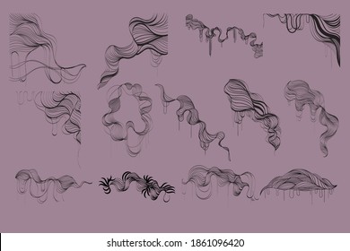 Textures linéaires ondulées dessinées à la main, faites à l'encre. Collection de modèles de conception graphique. Cheveux bouclés, bande ondulée, dessin abstrait sur ligne, arrière-plan mode, motif graphique linéaire. Mode image vectorielle image clipart