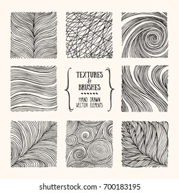 Hand drawn wavy linear textures made with ink. Artistic collection of graphic design elements: swirl, circle, wavy stripe, abstract line, organic background, geometric pattern. Isolated vector set.