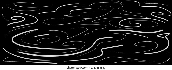 Hand drawn wavy lines, chalk doodles on blackboard. Ice rink background marks from skating and hockey scratched lines. Black banner template with abstract ice pattern. Vector Horizontal concept.