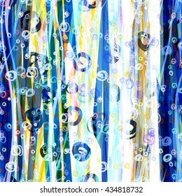 Hand drawn wavy lines and circles. Abstract seamless pattern. Vector color texture. Easy editing. Blue, white and yellow background for your design, textiles, printing, packaging paper.