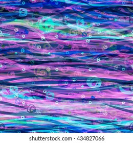 Hand drawn wavy lines and circles like stylized waves and bubbles. Blue, purple, aqua, white. Abstract seamless vector background. Easy editing. For fabric, printing, packaging paper.