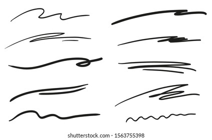 Hand drawn wavy lines on white. Abstract underlines. Black and white illustration