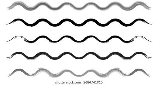 Vetor de linhas onduladas desenhadas à mão com traçados de pincel e textura de rabisco. Abstrato grunge onda de tinta doodle elementos de design isolados no fundo branco.