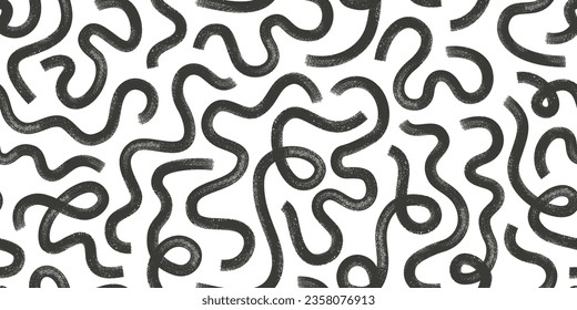 Hand drawn wavy maze seamless pattern. Brush curly black lines for background.