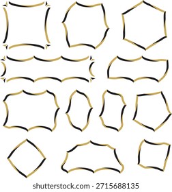 Dibujado a mano marcos de contorno ondulado y conjunto de Formas abstractas. Fronteras irregulares orgánicas con líneas doradas y negras incompletas. Elementos decorativos creativos para carteles, marca y Diseño gráfico.