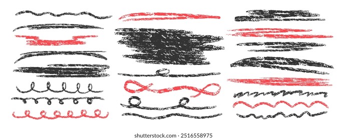 Hand drawn wavy strokes with black and red marker. Decorative vector graphic elements. Brush strokes and pencil strokes. Typographic strokes and stroke tails.