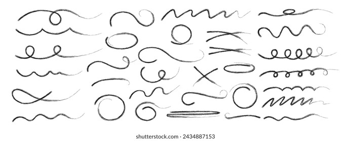 Hand drawn wavy strokes. Decorative vector graphic elements. Black brush strokes and pencil drawing. Typographic strokes and stroke tails.