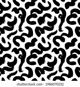 Hand drawn wavy and swirled brush strokes seamless pattern. Vector black paint squiggles, swooshes line, freehand scribbles. Abstract wrapping paper, textile monochrome design. Grunge style pattern