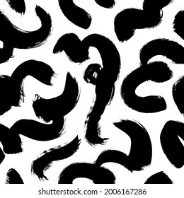 Hand drawn wavy and swirled brush strokes seamless pattern. Vector black paint squiggles, swooshes line, freehand scribbles. Abstract wrapping paper, textile monochrome design. Grunge style pattern