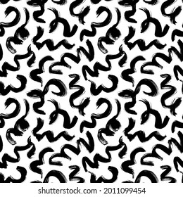Los trazos de pincel ondulado y girado a mano se realizan sin inconvenientes. Disparos de pintura negra vectorial, líneas de desove, garabatos a mano alzada. Papel de envoltura abstracto, diseño monocromo textil. Patrón de estilo Grunge