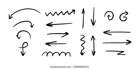 Hand drawn wavy and zigzag arrow set. Black grunge sketch arrow collection. Doodle sketched pointers and direction lines. Curved and straight brush stroke bundle for flyer, poster, brochure. Vector
