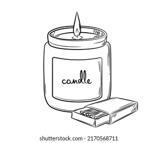 Hand drawn wax candle in glass candle holder with wick Doodle style sketch. Compilation of a burning candle in a glass and matches. Isolated vector illustration with strokes.