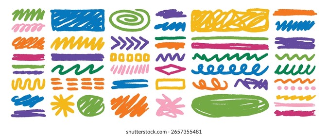 Dibujado a mano cera crayón doodle trazos colorido sketch art set. Ilustración vectorial