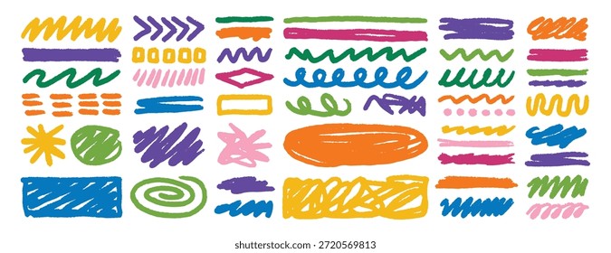 Dibujado a mano cera crayón doodle trazos colorido sketch art set. Ilustración vectorial