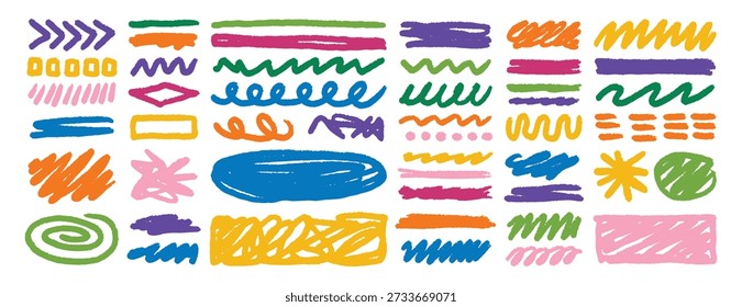 Mão desenhada cera crayon doodle strokes conjunto de arte de esboço colorido. Ilustração vetorial