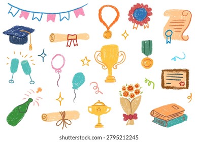Hand drawn wax crayon style graduation elements vector set in childlike style. Includes academic cap, diploma scrolls, trophies, medals, champagne bottle, balloons and party bunting isolated on white background.