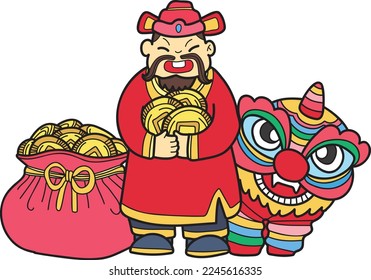 Hand Drawn Wealth God and Chinese Lion illustration isolated on background