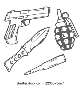 Hand drawn weapons doodle set in vector. Hand grenade, gun, army knife and bullet.