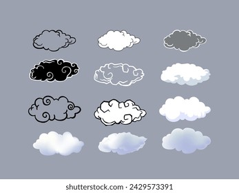 Dibujado a mano de la colección del tiempo. Nubes doodle set, nube de rizo, nube de decoración, símbolo de icono de nubes.