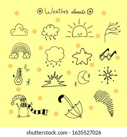Hand drawn weather elements, black lines on yellow background vector illustration.