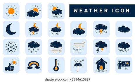 Diseño de iconos planos del tiempo dibujado a mano. Juego de iconos del doodle meteorológico. Sol, lluvia, nieve, nubes, nubes, lluvias, temperatura.