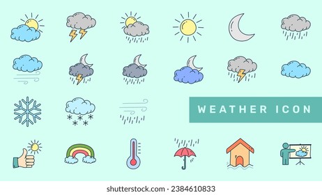 Diseño de iconos planos del tiempo dibujado a mano. Juego de iconos del doodle meteorológico. Sol, lluvia, nieve, nubes, nubes, lluvias, temperatura.