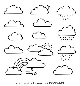 Pronóstico de Clima dibujado a mano Nubes Sun Rain y Rainbow Doodle Set