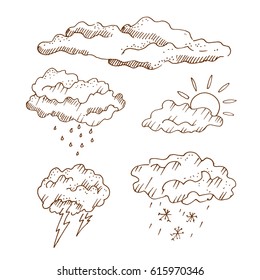 Hand drawn weather forecast icons. Different clouds set. Sketch, vector illustration.