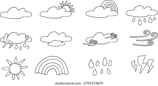Hand Drawn Weather Icon Set Outline Monochrome Line Art with Cloud Sun Rain Rainbow Thunder Lightning Wind Storm Raindrop Breeze Collection Bundle