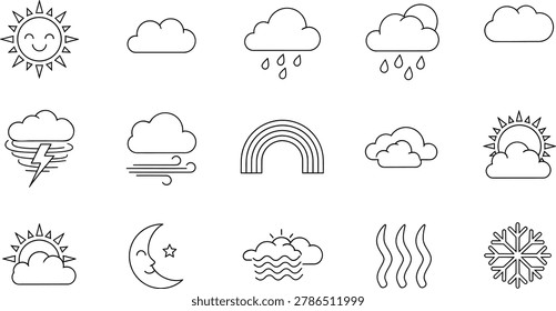 Hand drawn weather icons set with sun cloud rain storm rainbow moon