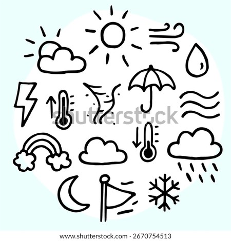Hand Drawn Weather Illustrations Doodle Icons Umbrella Clouds Sun Wind Moon Vector