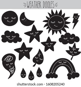 Hand Drawn Weather Kawaii Illustration, Star, Moon, Cloud, Sun, Raindrop, Rainbow, Lightning bolt, Maple leaf, Tornado, Sleepy face, Cute Characters,  Meteorology, Funny doodles, Black Silhouette