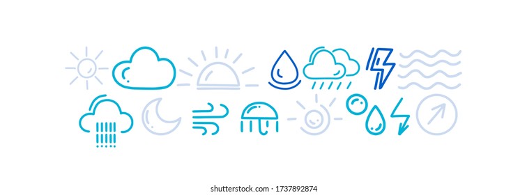 Hand drawn weather and nature icon set, vector line style art