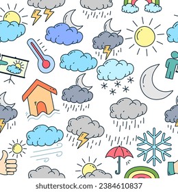 Hand drawn weather seamless pattern. Seamless pattern with doodle weather elements.