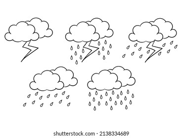 hand drawn weather theme, with lightning and rain during the day on white background