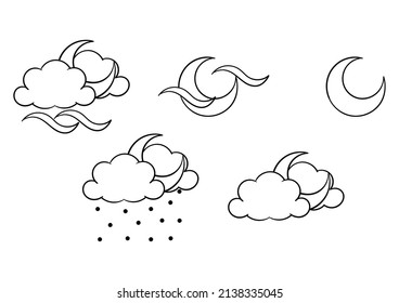 hand drawn weather theme windy, sunny and drizzling at night on white background